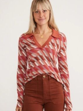 Marine Layer Morgan Sweater Polo S Geo Knit Fall 2023 Preppy Coastal Grandpa